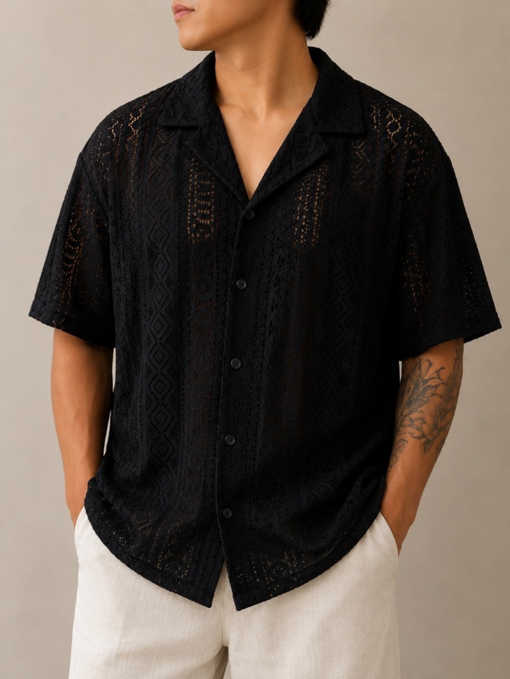 Hoooyi Black Geometric Lace Short Sleeve Button Down Shirt, XXL